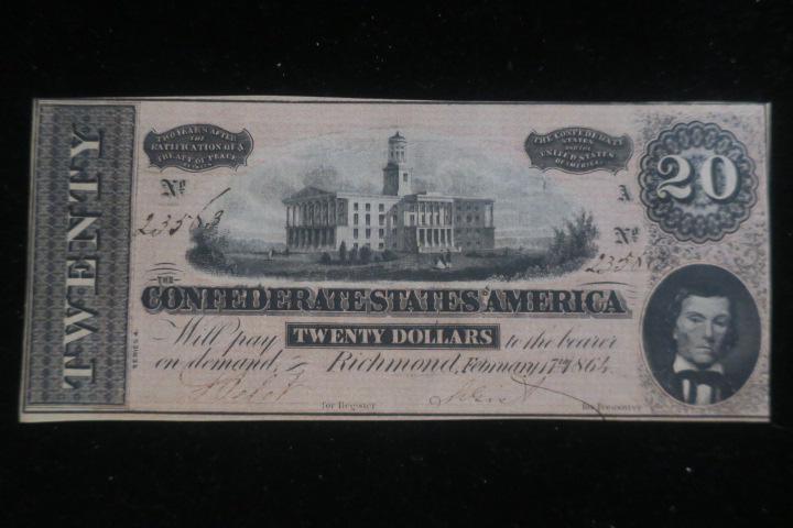 CONFEDERATE STATES OF AMERIC$20 NOTE of Feb 17th 1864:: CONFEDERATE STATES OF AMERIC$20 NOTE of Feb 17th 1864: In Uncirculated Condition, Shows Confederate Capitol Building. Confederate Currency was Signed and Serial Numbered by Confederate Widows. Save Yo