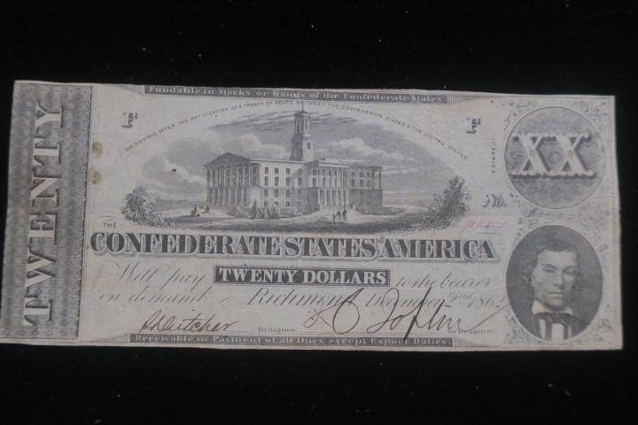CONFEDERATE $20 NOTE of December 2nd, 1862:: CONFEDERATE $20 NOTE of December 2nd, 1862: In Uncirculated Condition, Shows Confederate Capitol Building. Confederate Currency was Signed and Serial Numbered by Confederate Widows. Save Your Confeder
