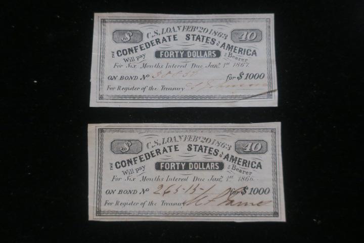 Two Confederate Coupon Bond $40 Interest Coupons:: Two Confederate Coupon Bond $40 Interest Coupons: From Two Different Bonds No 38838 and 263-13-1. (50-100)