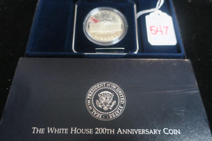 WHITE HOUSE 200th ANNIVERSARY PROOF SILVER DOLLAR COIN: WHITE HOUSE 200th ANNIVERSARY PROOF SILVER DOLLAR COIN 1992 One Ounce 90% Silver Dollar in Proof Condition. With Certificate of Authenticity in Original Packaging and Velvet Display Box. Starts at $25