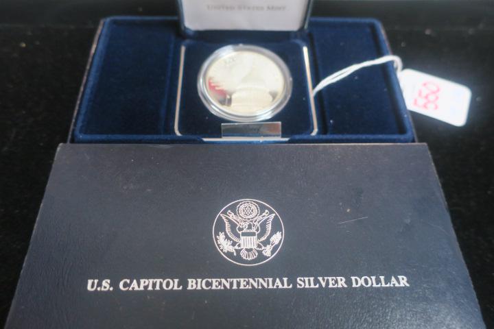 U.S. CAPITOL BICENTENNIAL COMMEMORATIVE SILVER PROOF:: U.S. CAPITOL BICENTENNIAL COMMEMORATIVE SILVER PROOF: 1994 Commemorative Proof One Ounce 90% Silver Dollar. With Certificate of Authenticity in Original Packaging and Velvet Display Box. Starts at $25