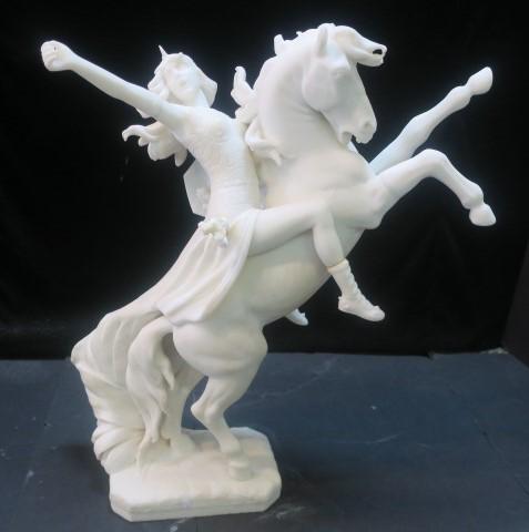 Cast Marble Valkyrie on Horse:: Cast Marble Valkyrie on Horse: In the Manner of French Artist Louis Chalon Bronze Titled Valkyrie-Kara. Rider is One of Many Female Figures in Norse Mythology Who Carry Warriors to Valhalla. On Back o