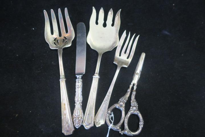 Sterling Handled Forks & Knife, Grape Shears:: Sterling Handled Forks & Knife, Grape Shears: Webster Pierced Serving Fork, Sterling Handled Serving Fork and Table Knife, Gorham Solid Hammered Handle Serving Fork. Krusius Bros. German Sterling Hand