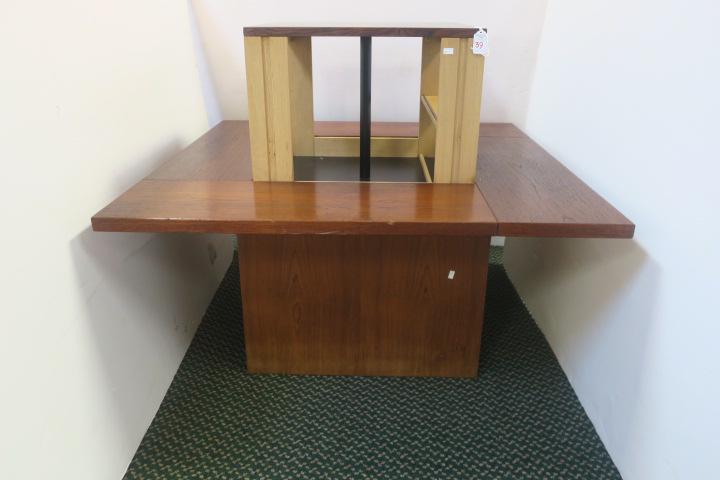 Modern Square Rosewood Table with Pop-Up Center:: Modern Square Rosewood Table with Pop-Up Center: Set on 23" Square Base, The Top with Four 29 1/2" X 10" Planks Surround Center 20" Square Black Laminate Pop-up Center. Apply Pressure with Hand at Cen