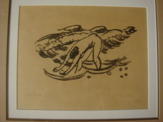 MAX PECHSTEIN, "GATHERING SEASHELLS" Lithograph: MAX PECHSTEIN, "GATHERING SEASHELLS" Lithograph: (1881-1955) 1917, Trial Proof Nude Girl at Seashore. Removed from Professorship at Berlin University in 1933 by Nazis return in 1945. Expressionist, Pe