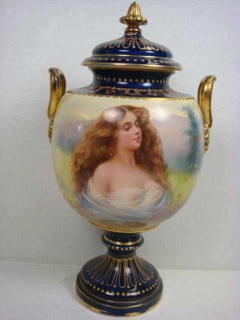 ROYAL BONN Covered Nouveau Style Portrait Urn:: ROYAL BONN Covered Nouveau Style Portrait Urn: Cobalt with Gold Neck Band and Pedestal. Lovely Female Centered in Gauze Blouse and Flowing Locks. Artist Signed BERBEHOM. Double Handled, 13 1/2" Tall, 