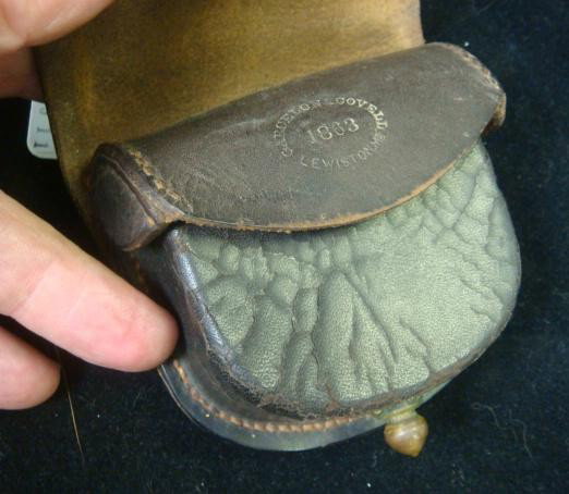 Antique Civil War Era Leather Cap Box: Antique Civil War Era Leather Cap Box Embossed "CARCELON & COVELL 1863 LEWISTON ME" Leather Belt Pouch Held Percussion Caps for Rifles & Pistols. 4" x 4" x 1 1/2" with Hole and Pin Closure. Excellent 