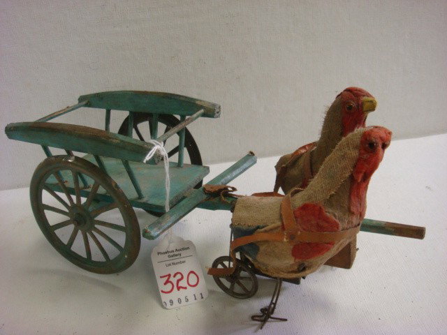 Fabric Chickens Pulling Wooden Cart Wind-Up Toy:: Fabric Chickens Pulling Wooden Cart Wind-Up Toy: Pair of Chickens Pull Wooden Hay Wagon with Metal Wheels. Key Wind Under Wagon Tongue. Not Working. 9 1/2"L (100-200)