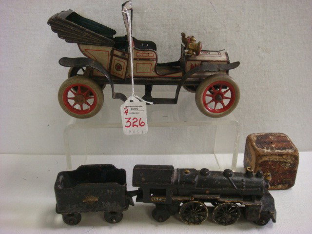 Toy Northwestern Train, Bavarian Jalopy, Wooden Bl: Toy Northwestern Train, Bavarian Jalopy, Wooden Block: Train Engine #124 with Tender is 10"L. 2 Seater Auto Has Sticker on Door and Hood-Repaired Axel. 2" Wooden Block, Faded Litho's. (100-200)