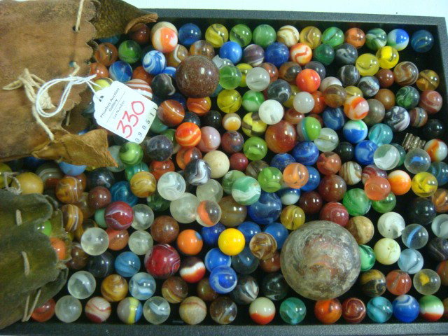 Collection of Vintage Glass Marbles:: Collection of Vintage Glass Marbles: Mass Produced, Mostly Patterned Agates and Cats Eye, Some Clay. Played With. Large Swirl Shooter. (150-200)