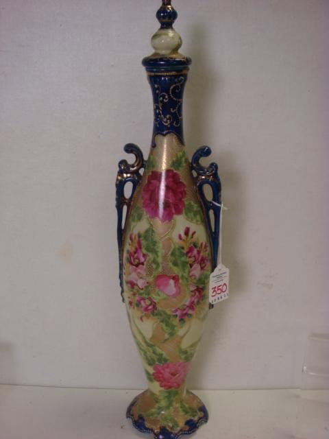 Handpainted NIPPON Cobalt and Roses Covered Urn.: Handpainted NIPPON Cobalt and Roses Covered Urn. Handpainted Roses and Leaves on Gold Beaded Ground with Cobalt Top, Foot and Handles with Gold Accents. In Book "The Wonderful World of Nippon Porcelai
