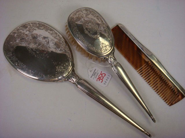 BIRKS Sterling Silver Vanity Set: BIRKS Sterling Silver Vanity Set: Includes 10"L Brush, 7 3/4"L Comb with Faux Tortoise Shell Teeth and 13"L Beveled Hand Mirror. All With R Monogram. (100-200)