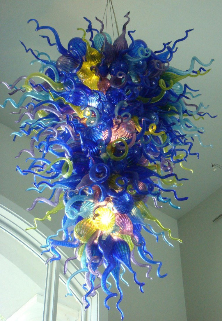 ROBERT KUSTER Belle Mead Handblown Glass Chandeli: ROBERT KUSTER Belle Mead Handblown Glass Chandelier: Glassmaster Created This Original Work of 300 Pieces of Aqua, Cobalt, Amethyst and Lime "Pods, Horns and Gourds". Functional and Artistic, Inspired