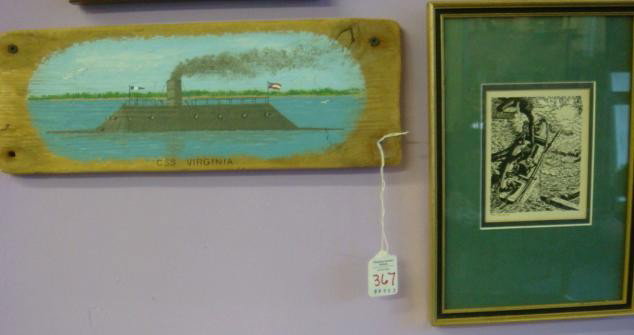 Woodblock Print and Painting of CSS Virginia:: Woodblock Print and Painting of CSS Virginia: Print by Fred Fessman-Lt. Cushing destroys the Albemarle. 4" X 3 1/2". Framed and Matted. Plus Primitive Painting-unknown Artist of CSS Virginia, on Woode
