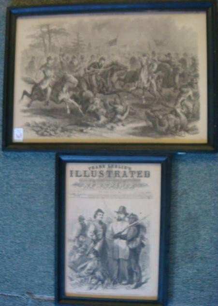 Two Frank Leslie Illustrated Newspaper Woodblocks:: Two Frank Leslie Illustrated Newspaper Woodblocks: Sheridan's Great Battle with JEB Stuart. "The Rebel Raiders Last Fight.ca.1864. and Rebel Generals Johnson and E. Stuart taken to the rear by Negro C