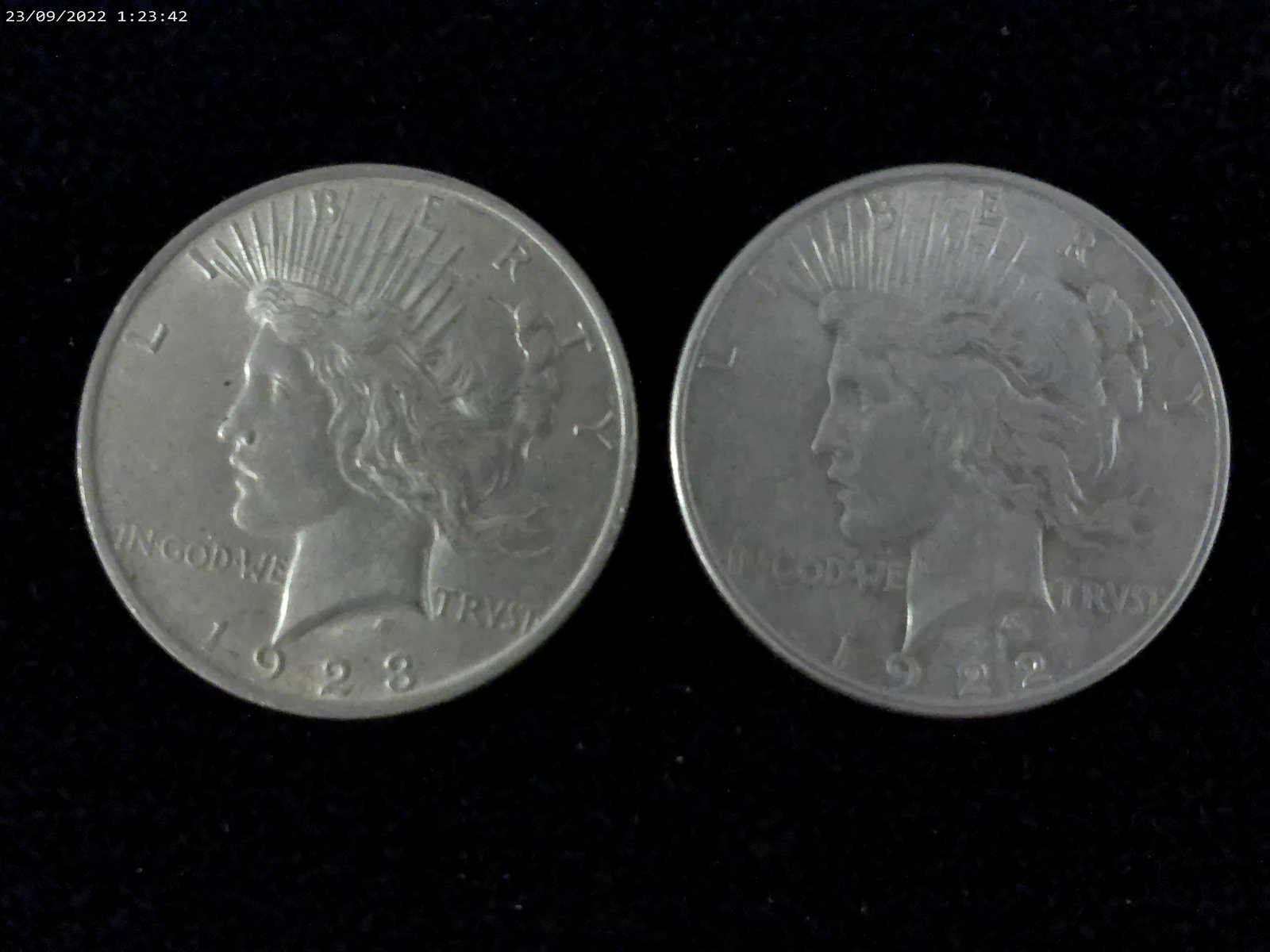 1922 & 1923 .90% Silver AU 50 PEACE SILVER DOLLARS: (1 of 2)