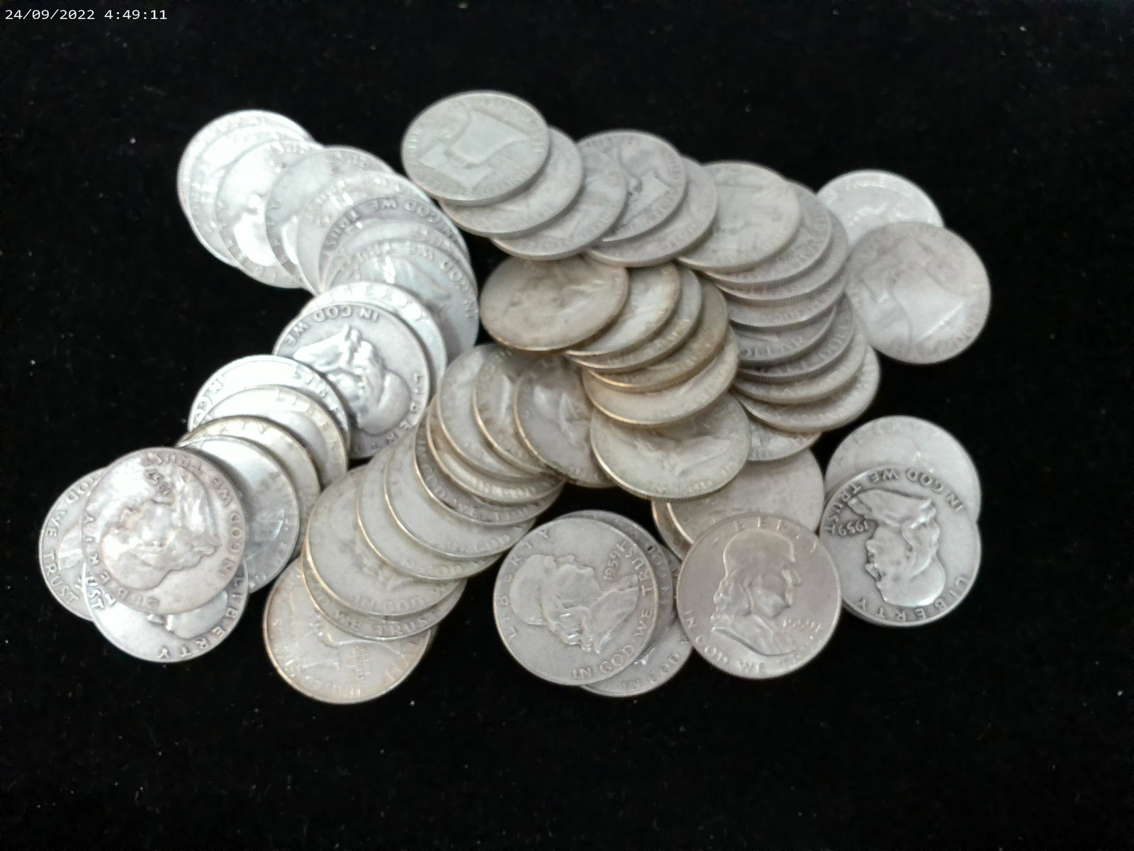 Sixty FRANKLIN HALF-DOLLARS, 90% Silver Coins (1 of 3)