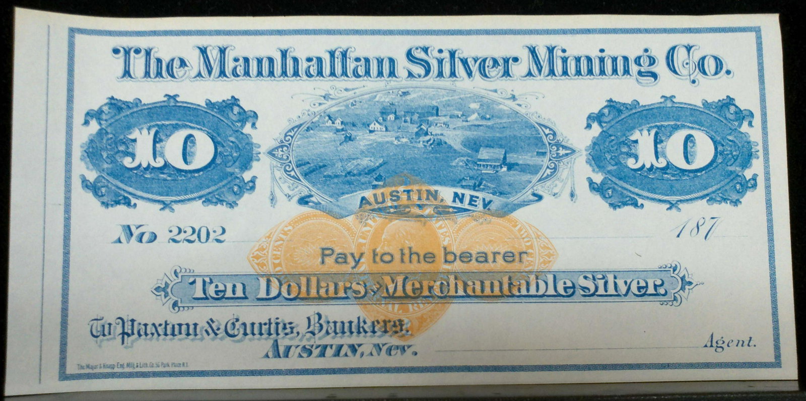 MANHATTAN SILVER MINING CO., $10 Note, Reminder: (1 of 3)