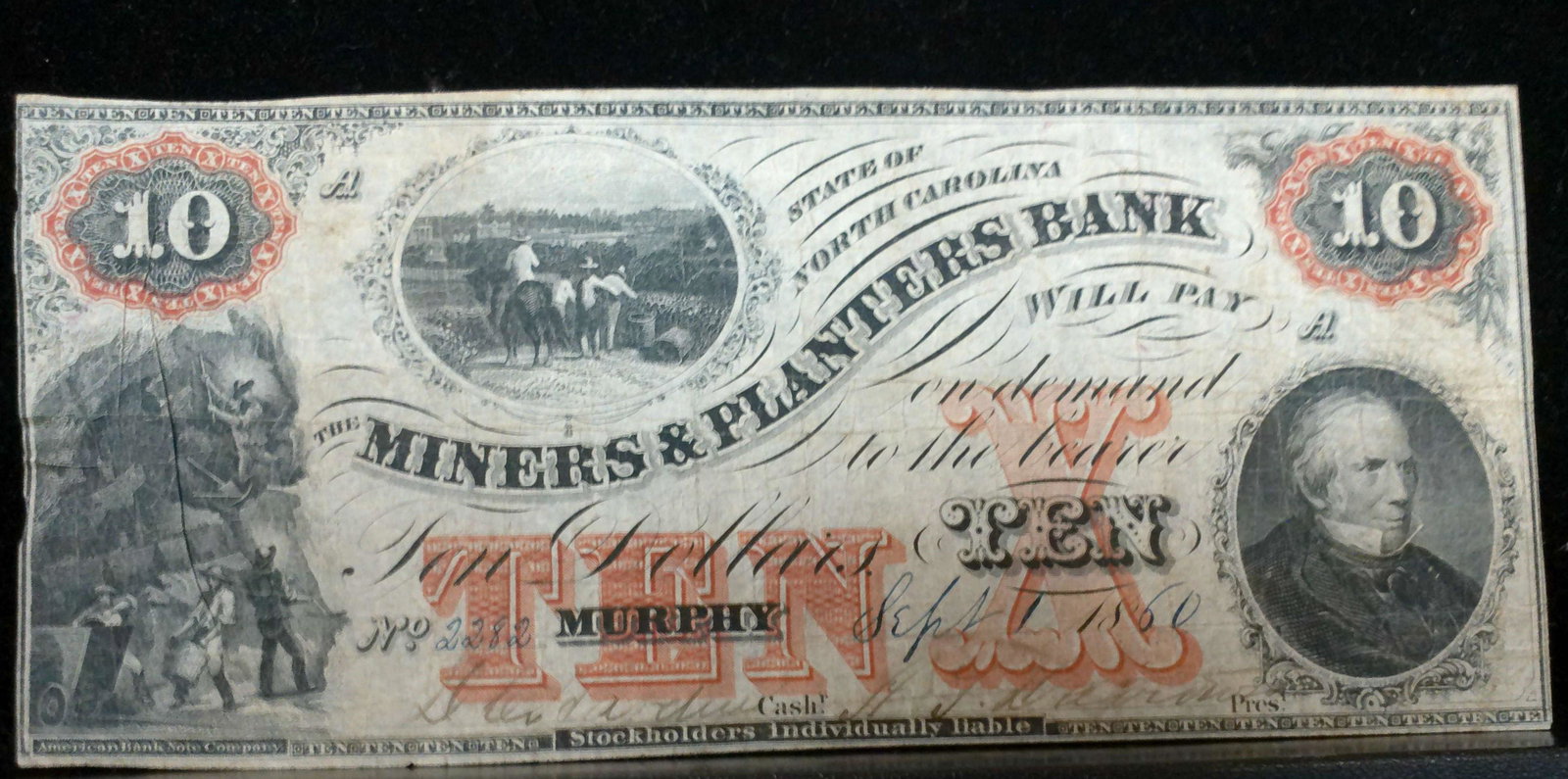 Civil War, MINERS AND PLANTERS BANK $10 NOTE: (1 of 4)