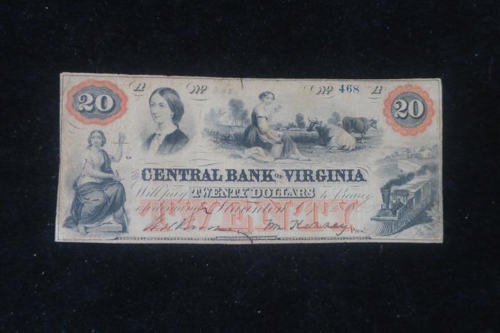 CENTRAL BANK OF VIRGINIA 20 Dollar Note, Apr 1860. (1 of 2)