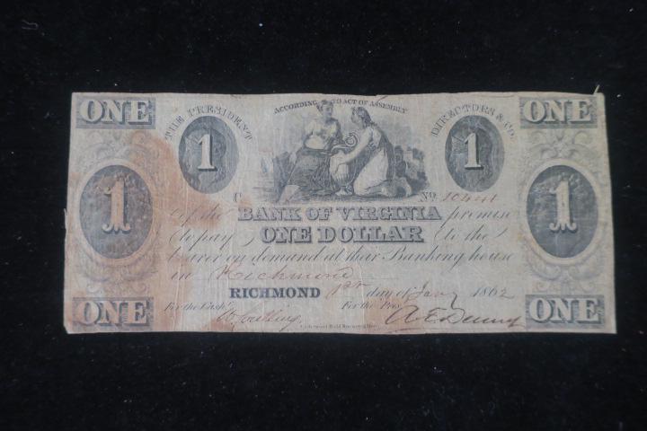 One Dollar, BANK OF VIRGINIA NOTE, 1st Jan 1862: (1 of 2)