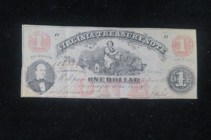 One Dollar VIRGINIA TREASURY NOTE, July 21, 1862: (1 of 2)