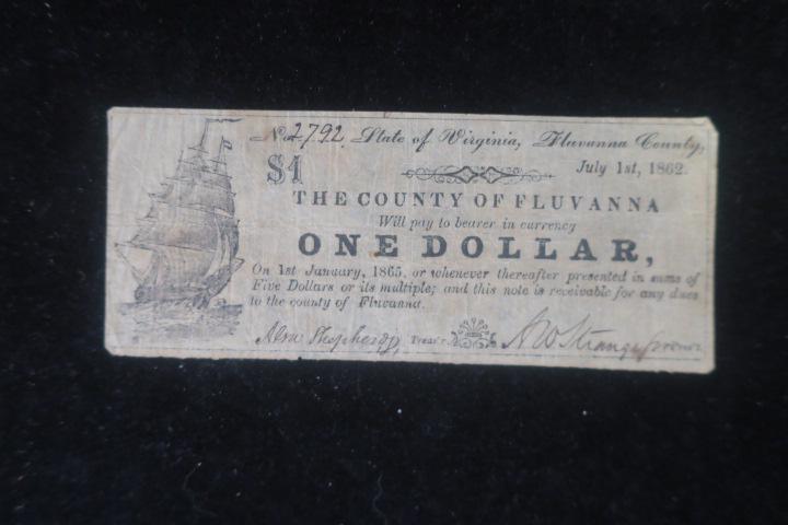 The COUNTY OF FLUVANNA One Dollar Note, Jul 1st, 1862: (1 of 2)