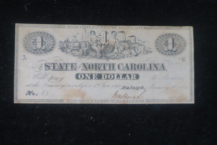 STATE OF NORTH CARLOINA One Dollar Note, Jan 1st 1863: (1 of 2)