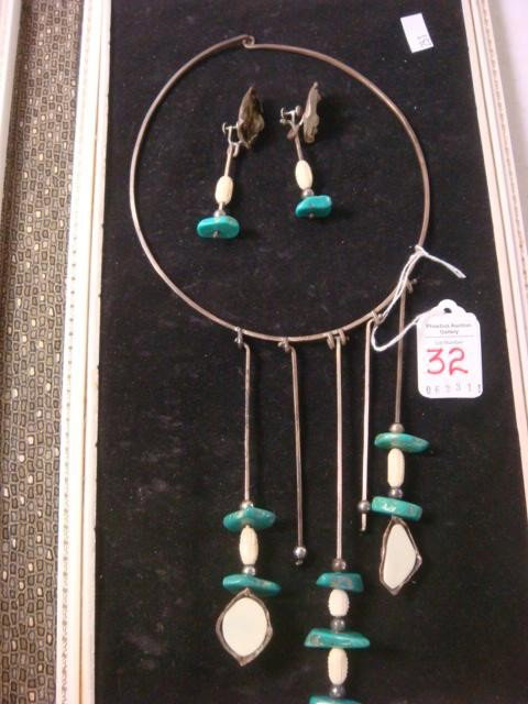 Necklace and Earrings Crafted by DYKES and FINLAN:: Necklace and Earrings Crafted by DYKES and FINLAN: Metal Choker with 5 Dangling Pendants Holding Polished Turquoise Stones and Beads. Matching Earrings in Presentation Box. (100-200)
