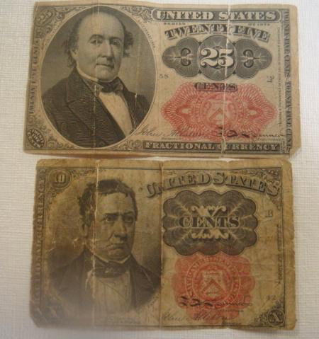 10 Cent and 25 Cent US Fractional Currency:: 10 Cent and 25 Cent US Fractional Currency: Circulated Condition, Tear in 10 Cent Note.. (50-100)