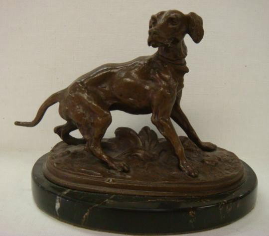 Bronze Sculpture of Pointer Dog, Signed P.J.MENE:: Bronze Sculpture of Pointer Dog, Signed P.J.MENE: Pierre Jules Mene (French, 1810-1879) with Inscribed Signature. Mounted on Black Marble Oval Base. 5"T, 6"W. (400-600)