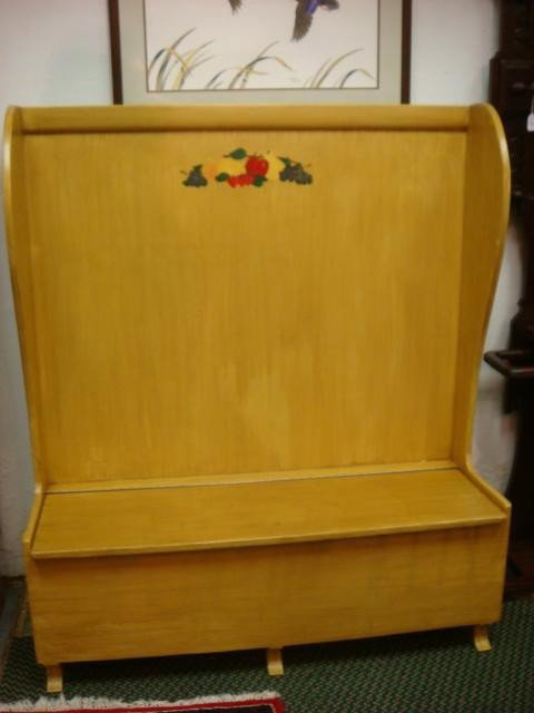Parsons Hall Bench:: Parsons Hall Bench: High Back with Winged Sides and Piano Hinged Seat. Opens to Till and Storage. Mustard Antiqued Finish with Fruit Stencil. (100-200)