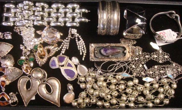 Silvertone Ladies Costume Jewelry:: Silvertone Ladies Costume Jewelry: 2 Cuff Bracelets, Clip Earrings, Wedding Bead Necklace, Turtle Pin. Stein Earrings, AD Design Danish Necklace. (60-100)