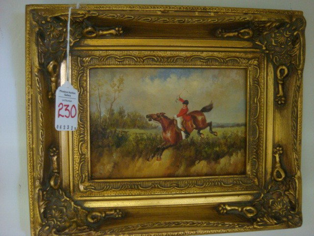 Master of the Hounds Foxhunting Oil on Board:: Master of the Hounds Foxhunting Oil on Board: Red Coated Fox Hunter Heading Cross Country. 5" X 7" Image in 3" Carved Gilt Frame with Pierced Corners. (80-140)