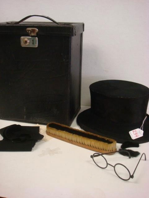 KNUT ABERG French Top Hat and Case: KNUT ABERG French Top Hat and Case: Monogram with Company Name on Inside. Faux Grain Case. Minor Felt Loss and 2" Tear in Stove Pipe. (100-200)