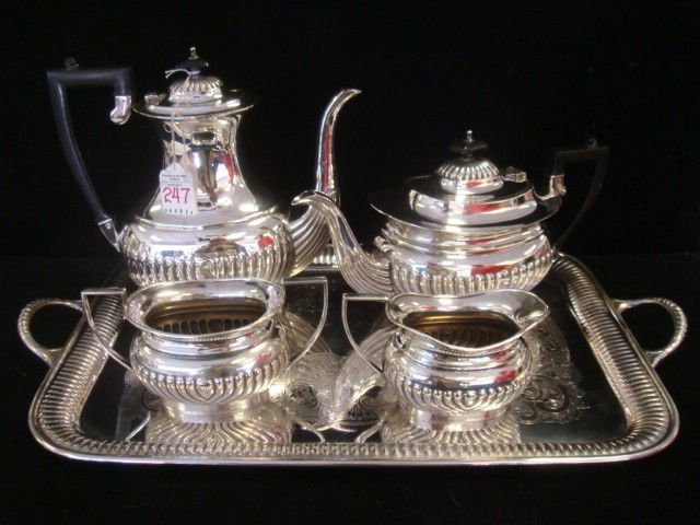 Five Piece Sheffield Silver-plate Coffee/Tea Servi: Five Piece Sheffield Silver-plate Coffee/Tea Service: Set Includes 9"T Coffee Pot, 6 1/2"T Teapot, Both with Bakelite Handles and Knobs, 3 1/2"T Open Sugar and Creamer and 13 1/2" X 18" Tray. All with