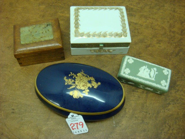 Four Wooden, Jasperware and Ceramic Decorator Boxe: Four Wooden, Jasperware and Ceramic Decorator Boxes: Wooden Dovetailed Box has Carved Jade Bird and Floral on Top. 3" X 3 1/2". Green Jasperware English Box is 2" X 3 3/4". Oval Limoges France Box is