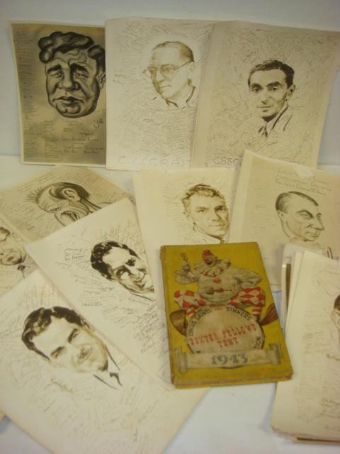CIRCUS SAINTS AND SINNERS MEMORBILIA:: CIRCUS SAINTS AND SINNERS MEMORBILIA: 1943 Dexter Fellows Tent Book, Pictures of "Fall Guy" and Autograph Board from 1930's Meetings Portraits by ZITO & BETTINA STEINKE Featuring George Jessel, Lowell