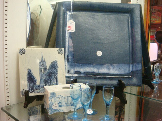 Assorted Blue/White Pottery Pieces, Glass Cordials: Assorted Blue/White Pottery Pieces, Glass Cordials: Includes 6" Oude Kerk Delft Tile Made in Holland. Deborah Sears Ceramic 2" X 5" Flower Brick Made in England. 12" Square Signed Ceramic Tray. Four 3