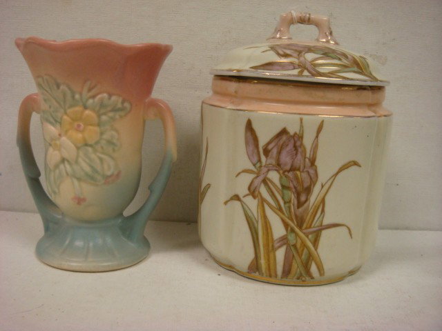 HULL Wildflower Vase and Lidded Porcelain Jar:: HULL Wildflower Vase and Lidded Porcelain Jar: Hull Wildflower Vase is Marked W-3-5 1/2", in Pink, Blue and Ivory. 7"T Lidded Jar with Iris Transfers Accented in Gold. Crown Mark on Bottom. (30-50)