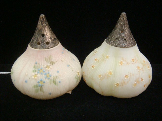 Pair of MT WASHINGTON Glass Salt and Pepper Shakers: Pair of MT WASHINGTON Glass Salt and Pepper Shakers: Fig Shaped Shakers of Opal Glass Decorated with Hand Painted Dainty Flowers. One with Yellow Flowers, Other White and Blue Flowers. Ca 1890. 2 1/2"