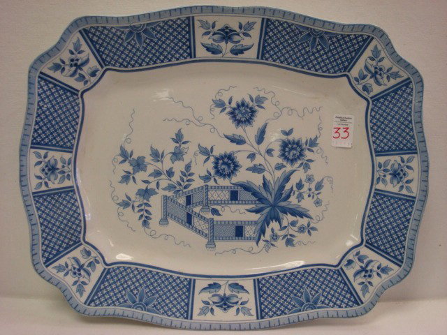 Vintage SARREGUEMINES Blue and White Platter:: Vintage SARREGUEMINES Blue and White Platter: Marked Decor, La Fayette, Sarreguemines, France. Blue Lattice and Floral Rim, Center Floral and Fence Design. Shades of Blue on White. Undulating Edge. 18