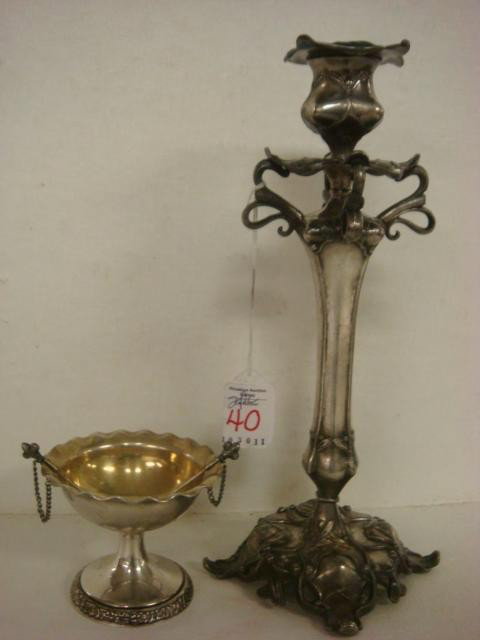 BARBOUR Silver-plate Candlestick, PAIRPOINT Olive D: BARBOUR Silver-plate Candlestick, PAIRPOINT Olive Dish: Ornate Art Nouveau Candlestick is 11"T. Pairpoint MFG Co Quadruple Plate Pedestal Olive Dish with 2 Picks Chained to the Sides. Gilt Interior. (