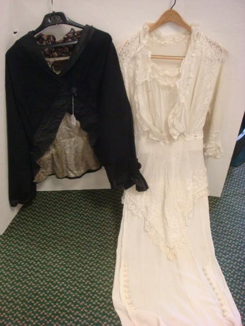Vintage Clothing, Dress and Cape:: Vintage Clothing, Dress and Cape: Sleeveless Long Gown with Attached Jacket and Apron, Crocheted Buttons Down Front. Stains. Cape by F&R Lazarus, Ruffled Edge with Metal Washers Sewn in to Hand Straig