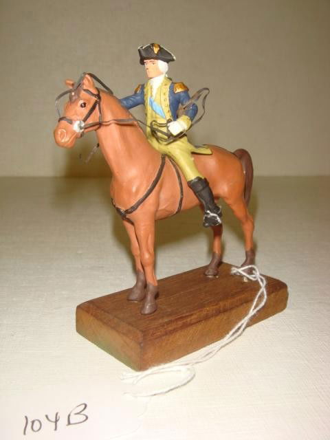 54mm Handpainted George Washington Mounted Figure: 54mm Handpainted George Washington Mounted Figure: Considered one of the Best Horseman in Colonial America, Washington sits on Horse. Saddle Missing. Paint is Very Good Condition. (75-150)
