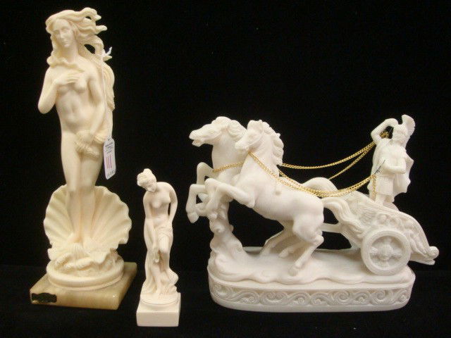Three Handmade Greek Alabastrine Oxylite Statues: Three Handmade Greek Alabastrine Oxylite Statues: Copy of Botticelli 12"T Birth of Venus on Alabaster Stand, 6"T Nude and 10"L Achilles in Chariot with 2 Horses. (80-120)