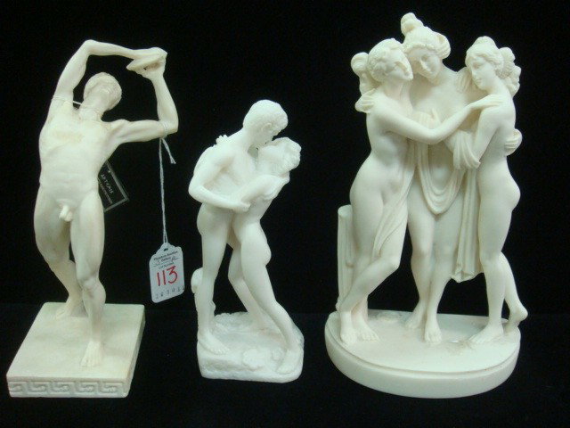 Three Handmade Greek Alabastrine Oxylite Statues:: Three Handmade Greek Alabastrine Oxylite Statues: Includes 8 1/4"T Nude Discus Thrower, 7"T Nude Lovers and 9 1/2"T Copy of Canova Three Graces. (30-50)