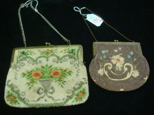 Vintage Floral Beaded and Bead & Chain Stitch Pur: Vintage Floral Beaded and Bead & Chain Stitch Purses: Goldtone Frame, Kiss Closure, Suede Lining, Glass Pink and Crystal Beads, Fraying Around Hinge, 5 1/2" X 6 1/2". File Purse Lined, With Pocket, Ch