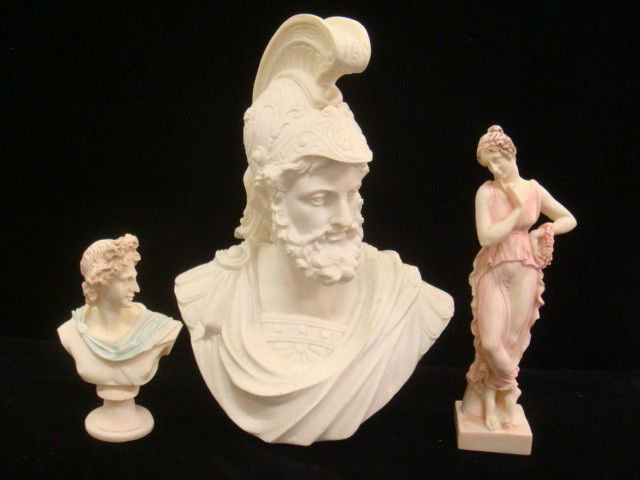Three Alabaster and Resin Figurine and Busts: Three Alabaster and Resin Figurine and Busts: Draped Female is 9 3/4". Handmade Romas Emperor Bust is 5 1/2"T and Bearded Warrior is 12 1/2"T. (40-80)