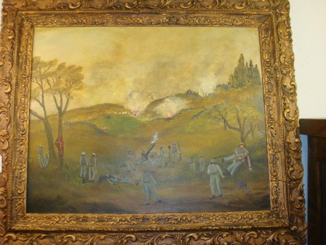 Folk Art Civil War Artist Initialed Oil Painting: Folk Art Civil War Artist Initialed Oil Painting: Soldiers in Battle Initialed LR MGC. Titled on Back, "Men Hold Your Ground". 20" X 16" Image in 3" Carved Acanthus Leaf Gilt Frame. (200-400)